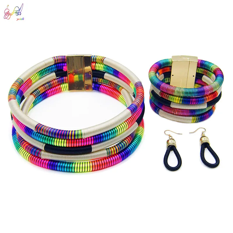 

Yulaili African Multilayer Choker Earrings Bracelet Jewelry Sets for Women Rope Magnetism Button Jewellery Free Shipping