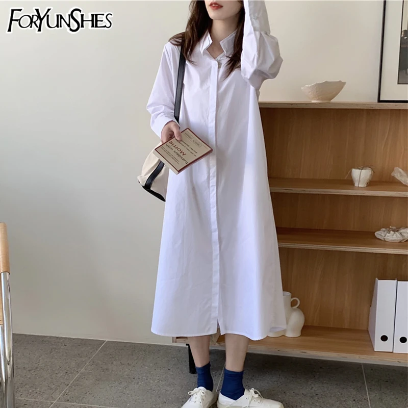 

FORYUNSHES Casual White Shirt Dress 2021 Spring Summer Korean Style Long Sleeve Black Blouses Dresses Vestidos De Mujer Vintage