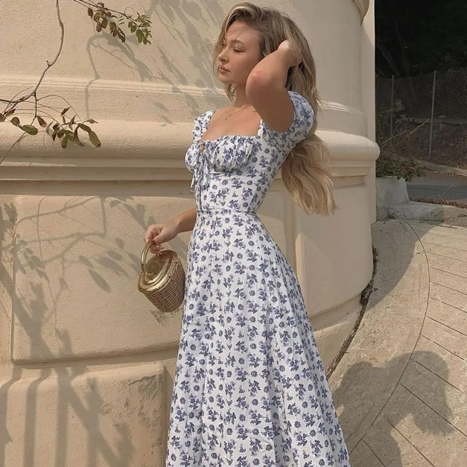

2021 Vintage Women Fashion Puff Sleeve Dress Floral Tie-Neck High Slit Long Pleated Dresses Party Holiday Dresses