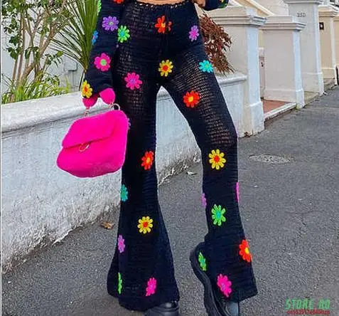 

Women Wide Leg Pants Flower Crochet Net Hollow Out Summer Long Pants Boho Beach Casual Travel Fashion Comfy Drawstring Trousers