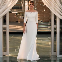 elegant 34 sleeve o neck wedding dress 2022 a line lace appliques satin sheer bridal gown vestido de noiva