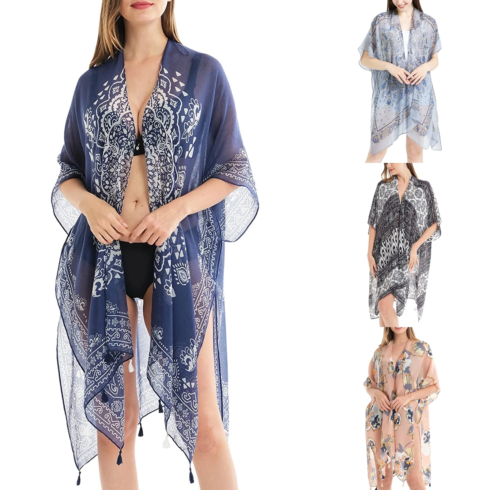 

Women's Swimsuit Beach Bikini Cover Ups Floral Printed Bohemian Short Sleeve Open Front Semi-Sheer Split Kimono Bathing Suit