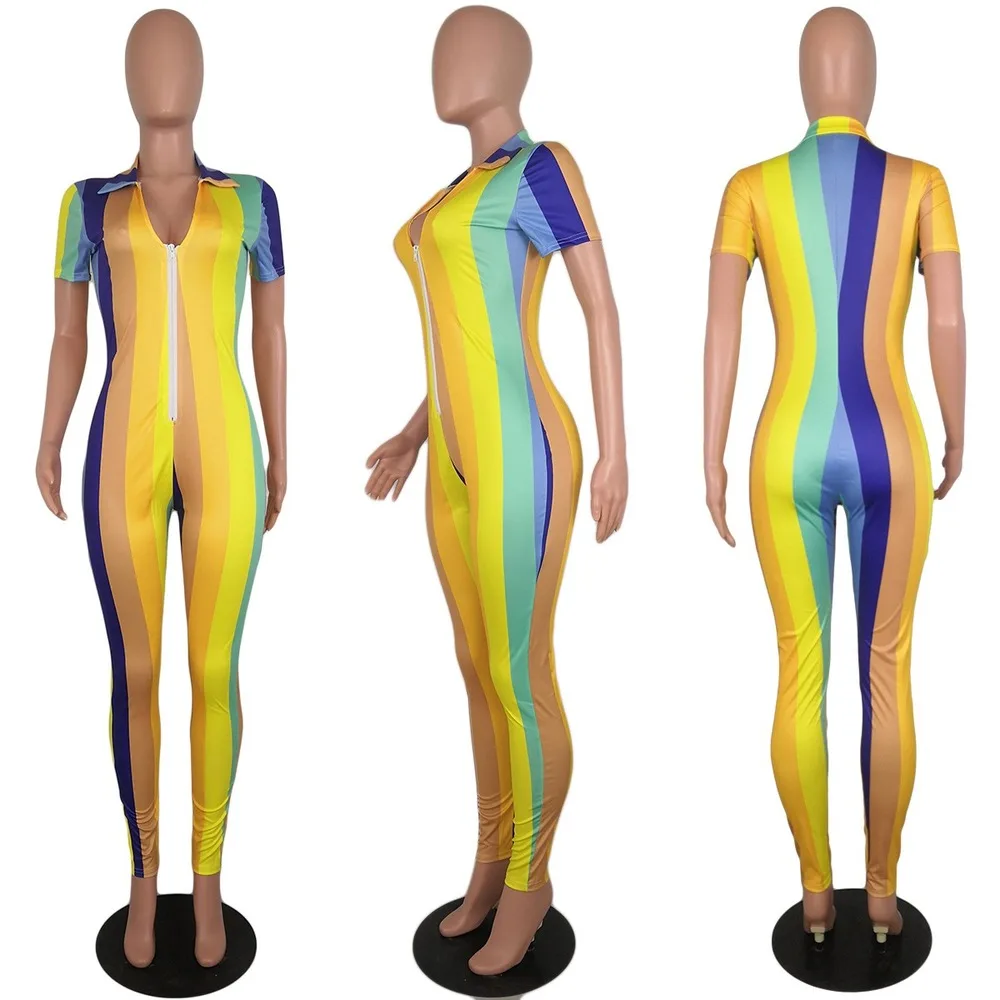

Deep V Neck Sexy Jumpsuit Women Zippers Skinny Long Pants Short Sleeve Turndown Collar Rompers Vertical Stripes Fashion Overalls