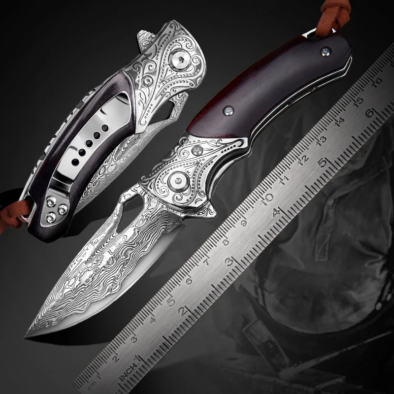Карманные складные ножи с кожаным футляром и зажимом, японское лезвие из дамасской стали, рукоятка из палисандра, нож для самообороны для охоты