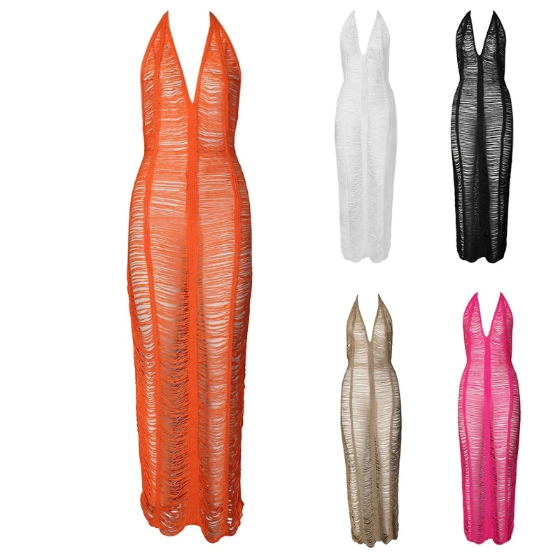 

K4UB Women Sexy See Through Dress Halter Lace-up Deep V Neck Perspective Hollow Out Backless Dress Swimwear Coverup Long