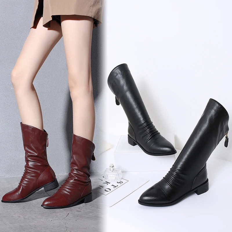 

Hot Real Leather Wrinkled Boots Round Toe Ankle Boots for Women Zipper Fashion Boots Female Platform Women Shoes Winter Handmade