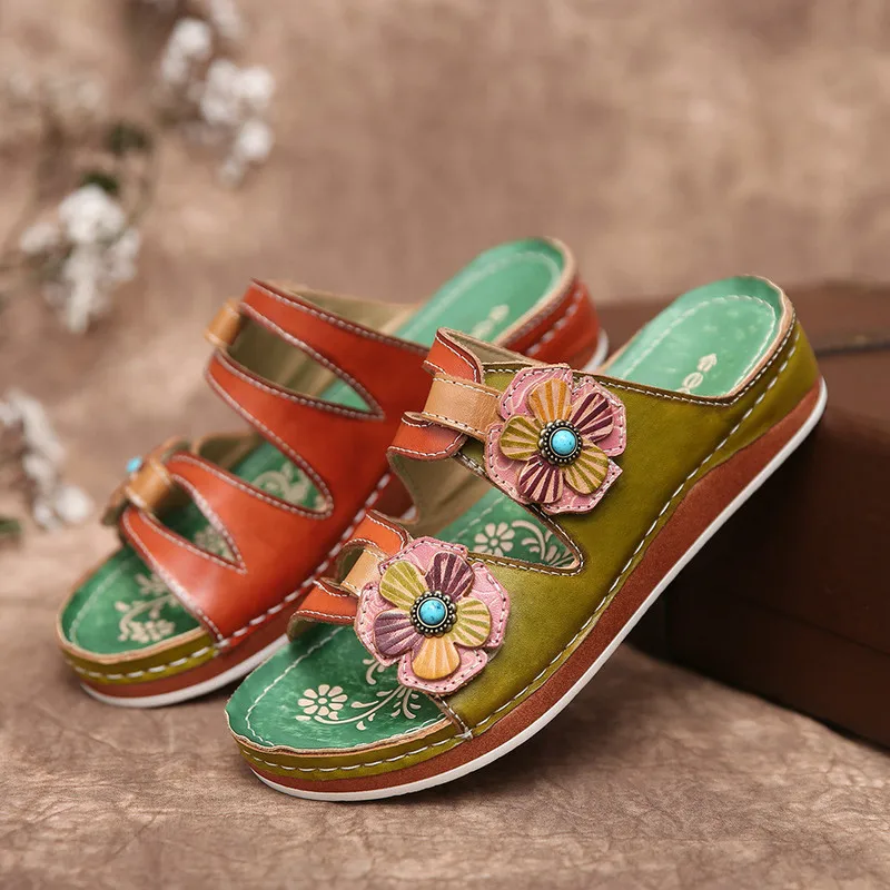 Женские летние туфли на танкетке средней высоты шлепанцы Уличные сандалии из