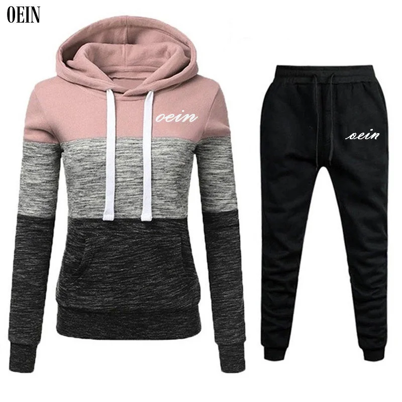 

OEIN Spring and Autumn Women's Hoodies Suit Ladies sweater Pants Sportswear Suit Splicing Simple Fashion Warm Clothes Female