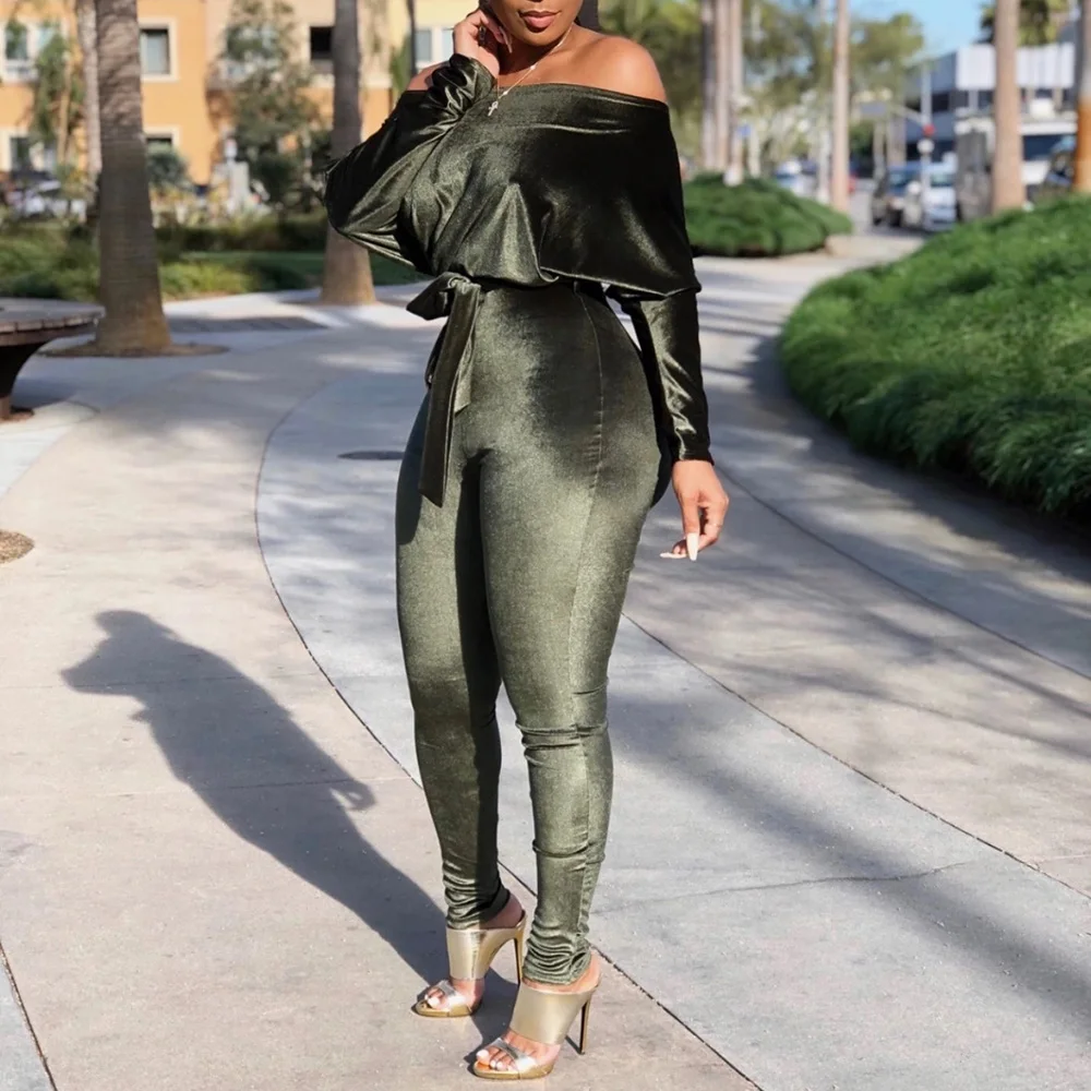African Fashion Women Skinny Jumpsuits Fall Spring Sexy Solid Green Velvet Causal Female Belt Romper Office Playsuits |