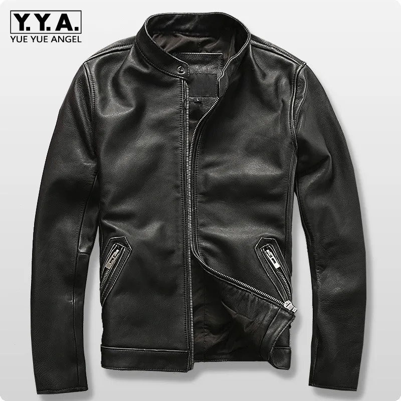 Повседневная облегающая Мужская короткая куртка из натуральной кожи с