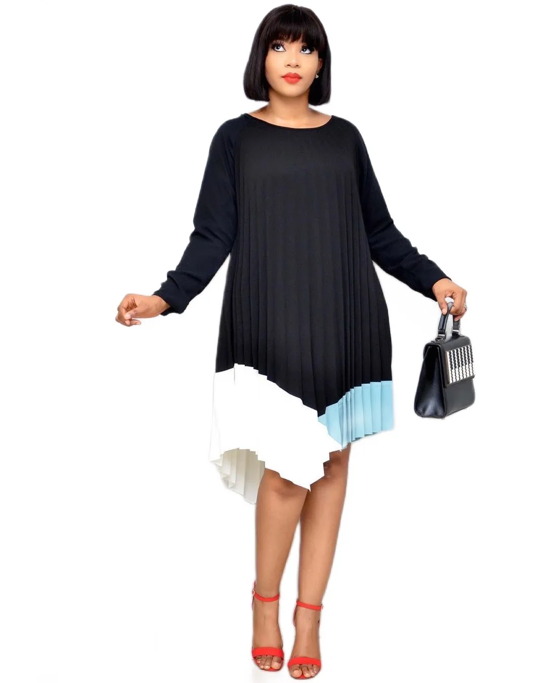 

2020 New Casual Dresses Women O Neck Long Sleeve Pleated A Line Dress Fashion Elegant Colors Patchwork Dress Night Party Vestido