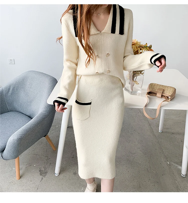 

Korean Women Autumn Winter 2 Piece Set Fashion Blue Knit Sweater Set Elegant Turn-down Long Sleeve Sweater & Slim Bodycon Skirt
