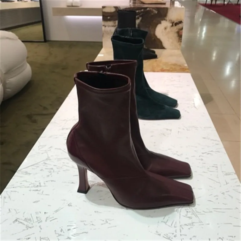 

Women boots Winter Square Toe High Heels Ankle Boots Brand Fashion Suede Leather Shoes For Women 2020 Autumn Elegant Office Lady