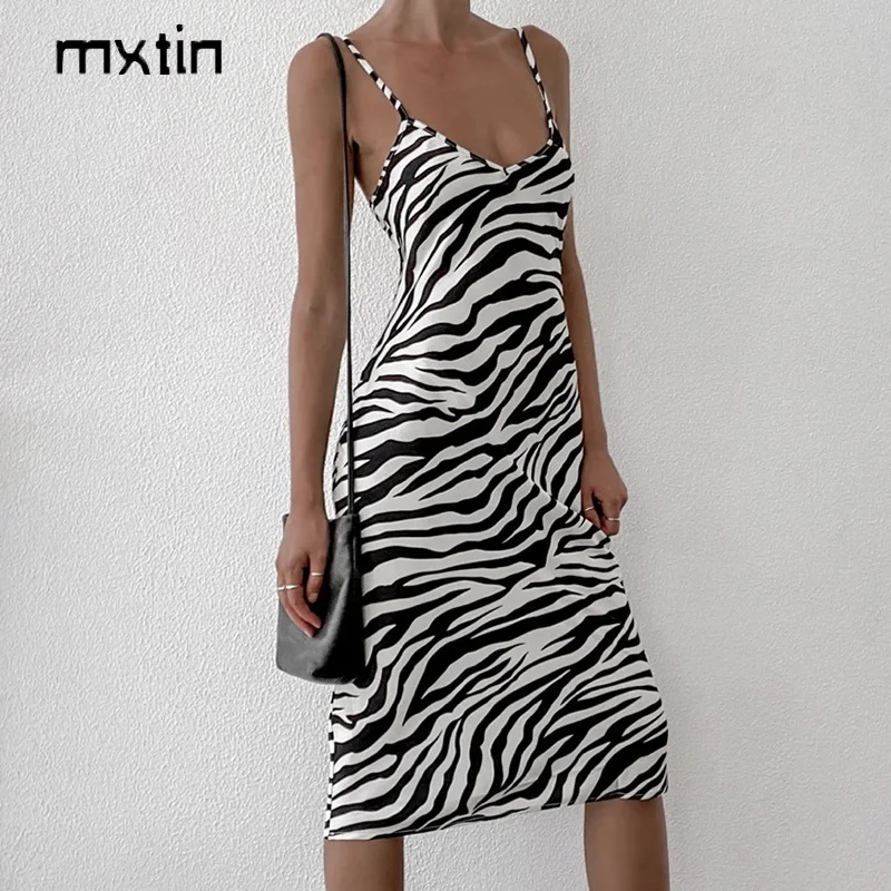 2021 Women Fashion Sexy Zebra pattern Midi Dress Vintage Summer  V Neck Backless Tin Straps Female Party Dresses Vestidos Mujer