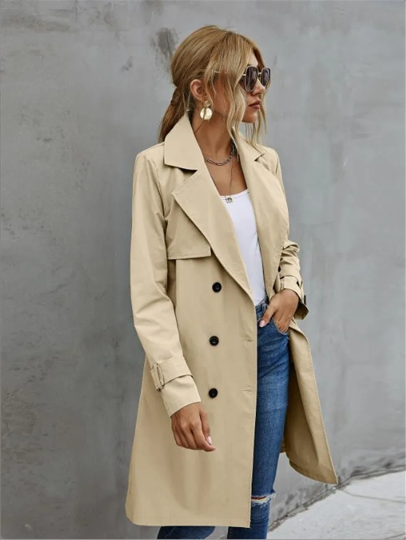 

Women Solid Color Jacket, Adults Long Sleeve Lapel Double Breasted Belted Trench Coat