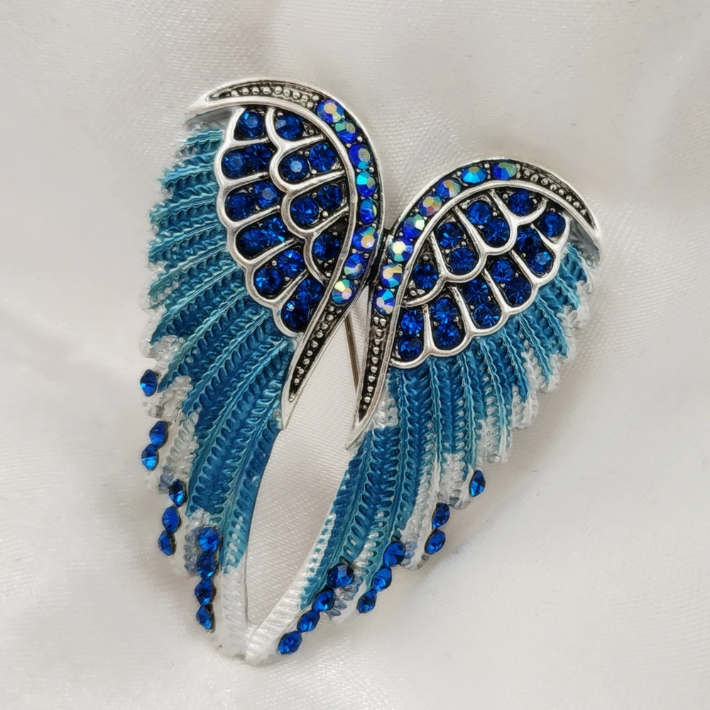 Gothic Vintage AB Crystal Accent Enameled Metallic Blue Angle Wing Brooches Pins Art Nouveau Women Coat Gift Wrap Jewelry | Украшения и