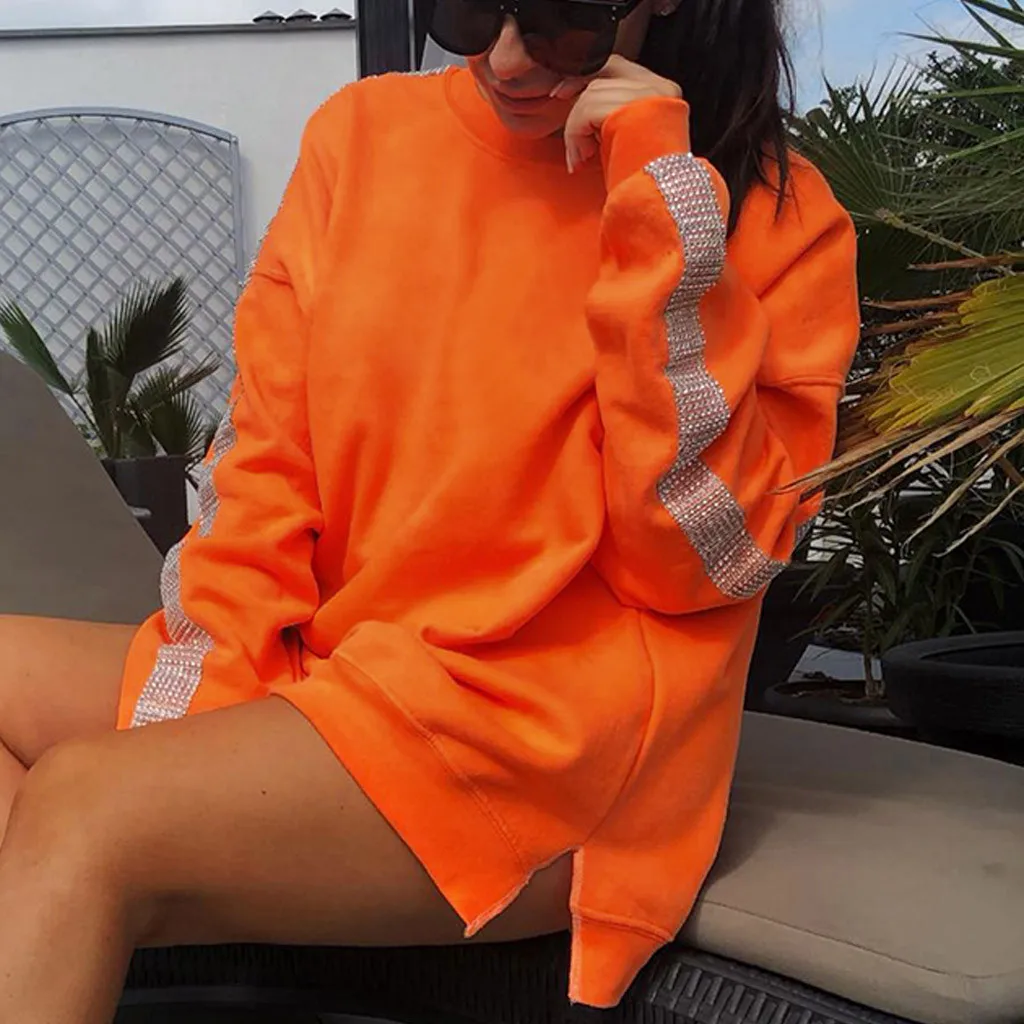 FREE OSTRICH Womens Tops And Blouses Sequin Stitching O-Neck Long-Sleeved Orange Elegant Autumn Winter Woman 2019 |