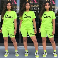 two piece queen letter summer women set short sleeved crew neck t shirt and tight fitting shorts simple style tracksuit outfit