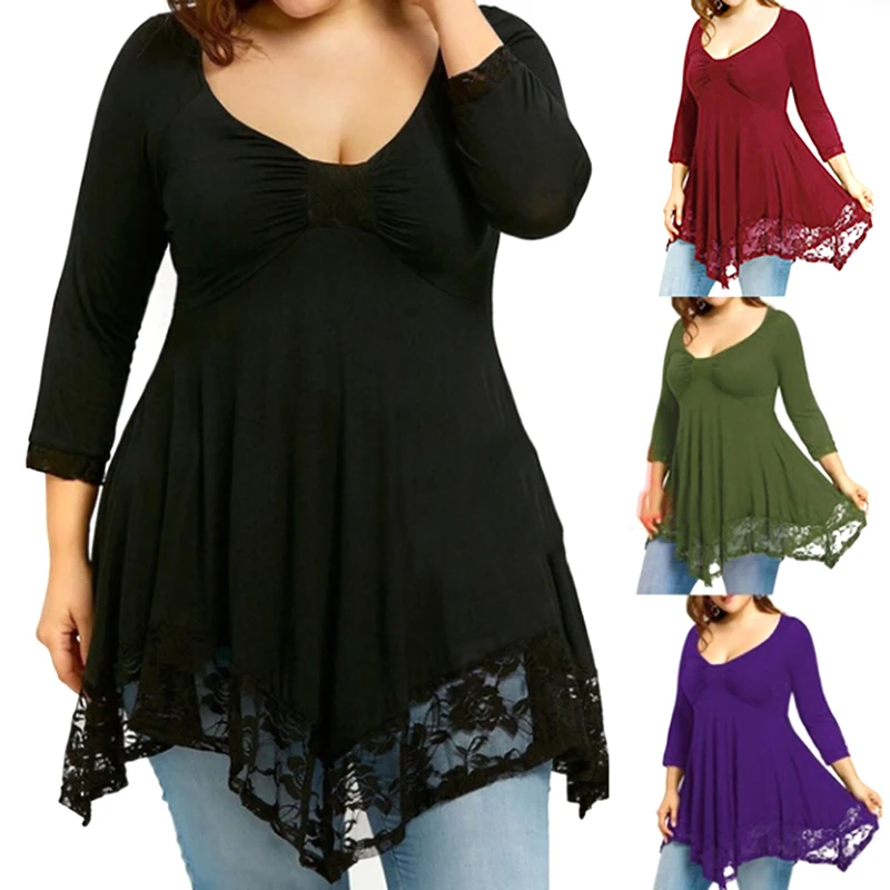 

Plus Size Lace Mini Dress Autumn 2020 Casual Loose Patchwork Hem Slim Sexy Dress Women Elegant Femme Dresses