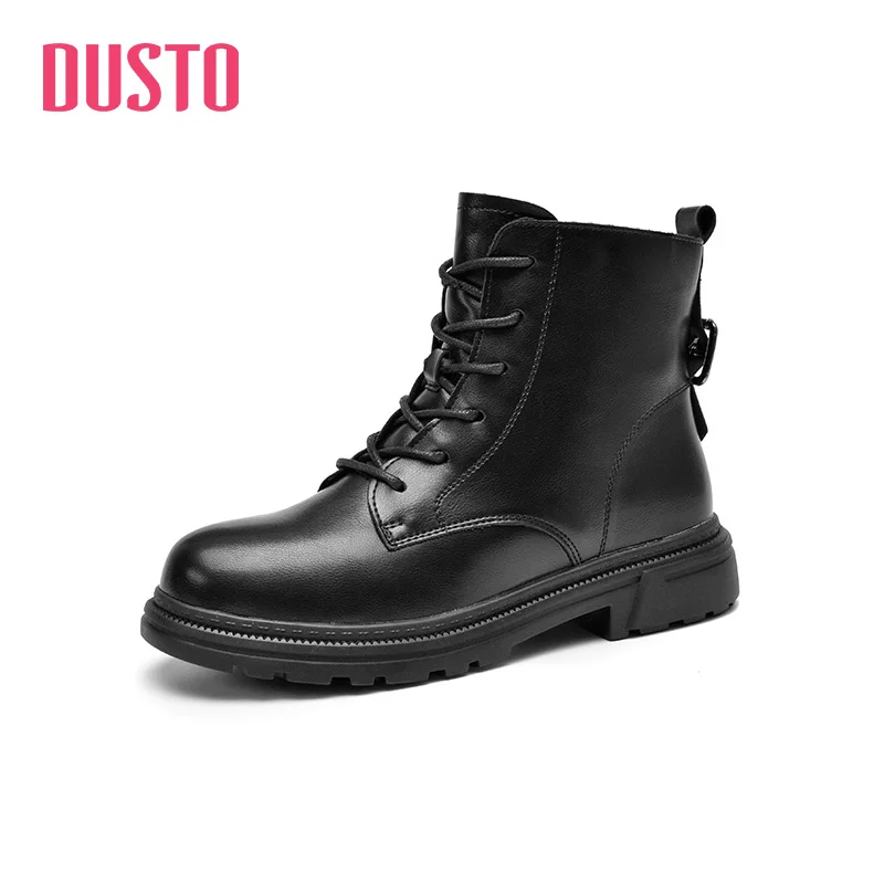 

Dusto 2021 new winter Korean fashion low heel flat round toe shoes side zipper lace up women's shoes