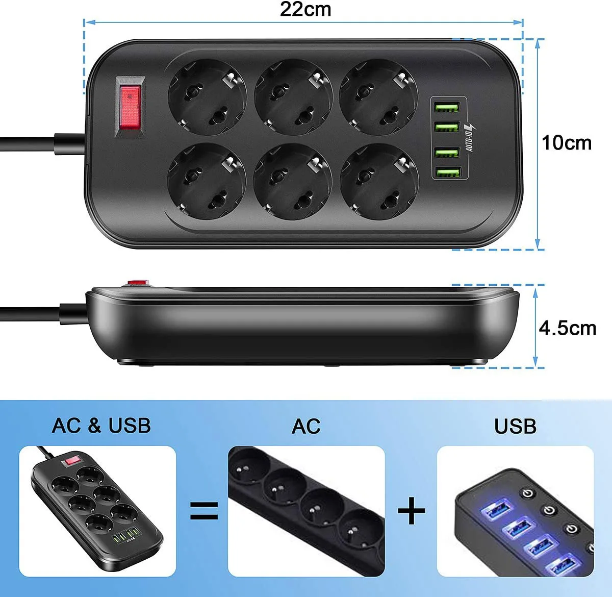 Удлинитель с европейской вилкой и 4 USB портами 5 В 3 А|Вилки розеткой| |