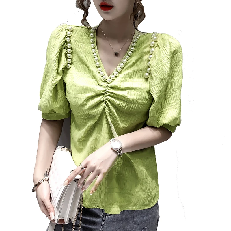 

Summer Women's Puff Sleeve Shirt Short-sleeved Shirt New Korean V-neck Wild Solid Color Puff Sleeve tops Woman GD551
