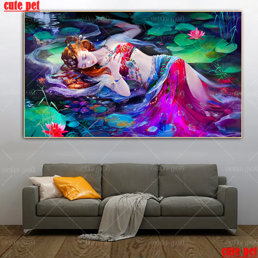 

Full Square round Diamond Painting Pond lotus fairy Portrait 5D Diamond Embroidery sale Mosaic New Arrival fantasy beauty Decor