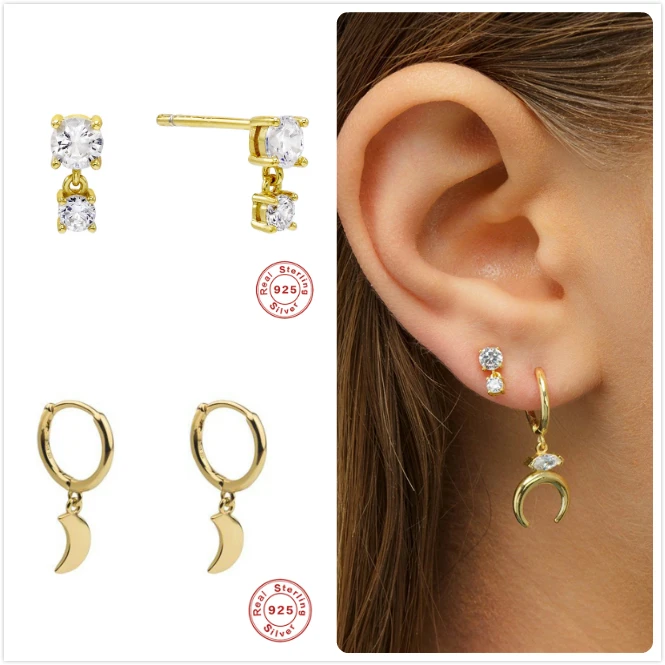 Женские серебряные серьги 925 пробы золотистые висюльки с Луной Girl подарочные