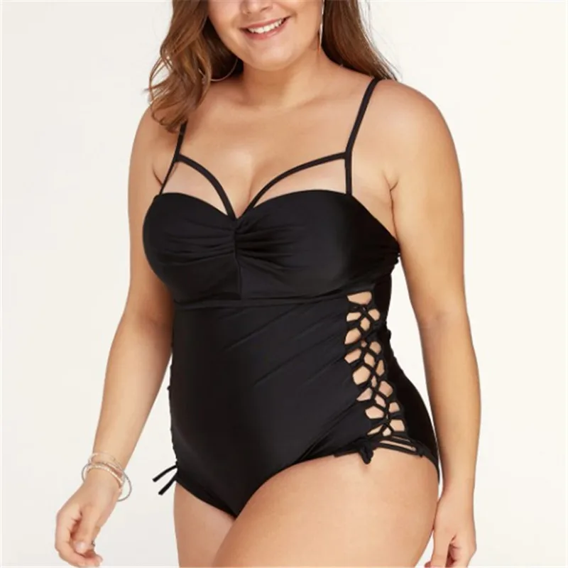 

One-Piece Swimsuit European and American Ladies plus-Sized Solid Color Multi-Rope Lace-up plus Size Bikini Swimsuit Bikini