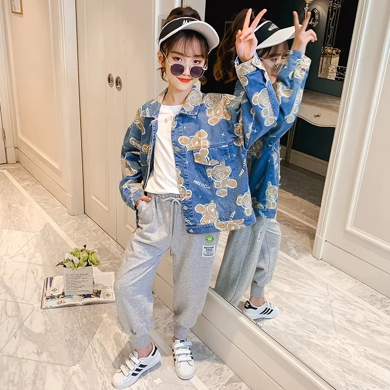 

Bear Print Denim Jacket Autumn Clothes Children's Regular Length Coat Long Sleeve Fashion Jacket Children Outerwear