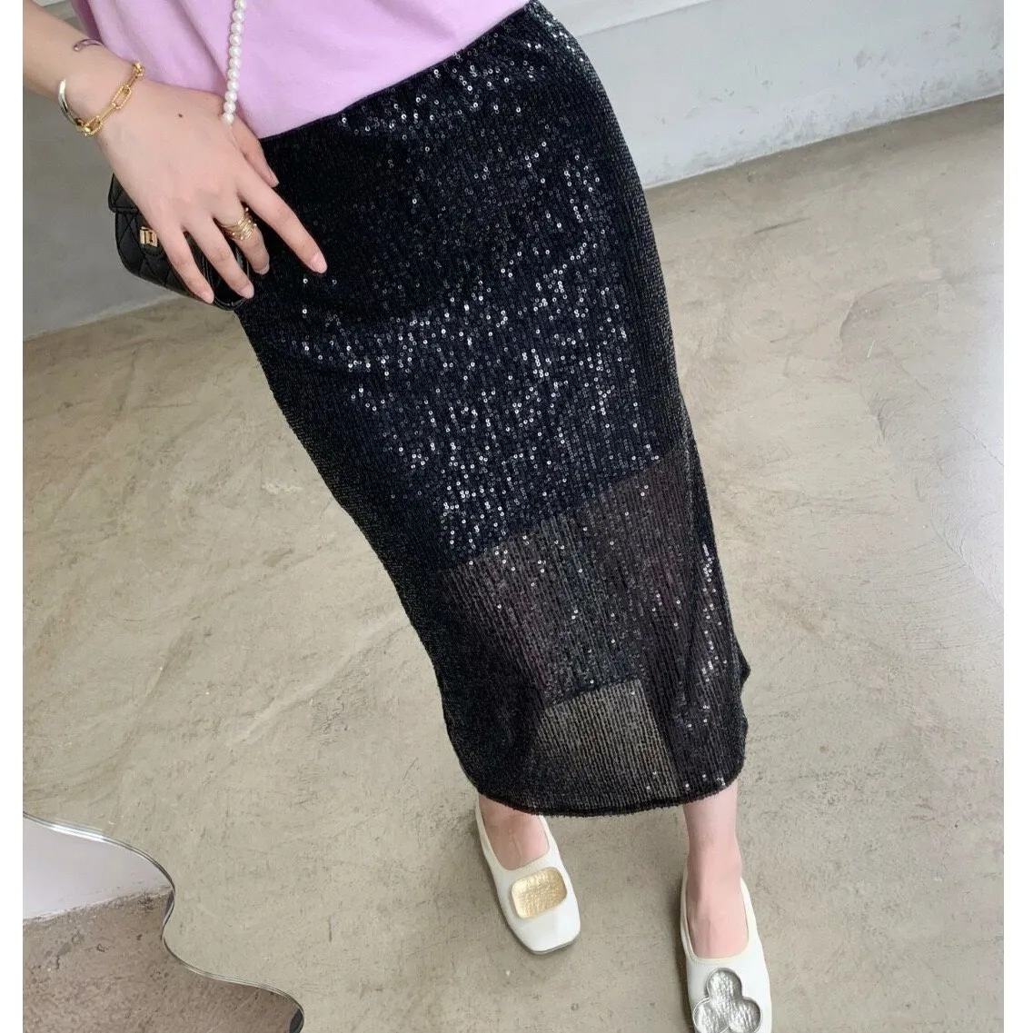 Skirts Womens High Waist Glittering A-line Elegant Sequins Long Skirt Female Falda Summer Stylish Elastic Split Midi | Женская одежда