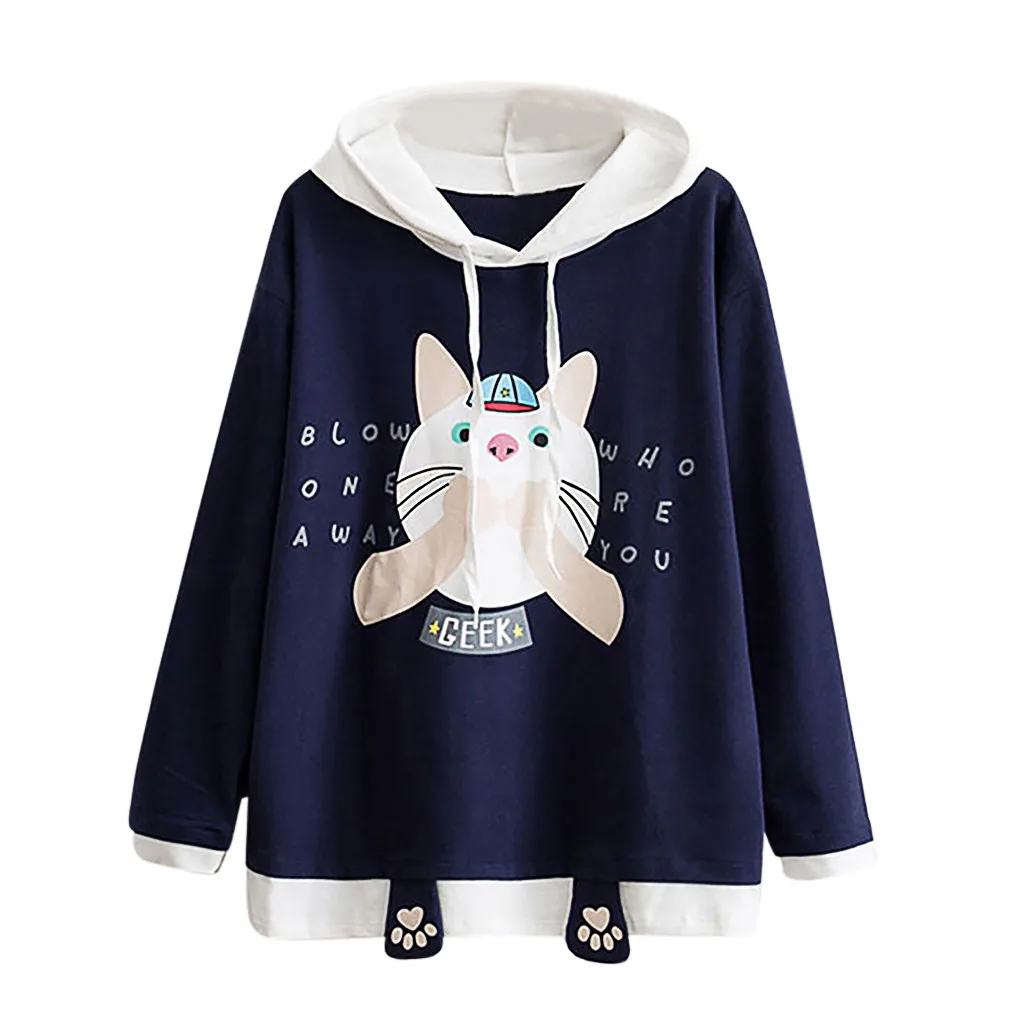 Женский свитер с капюшоном и принтом в виде кота из страуса популярный длинными