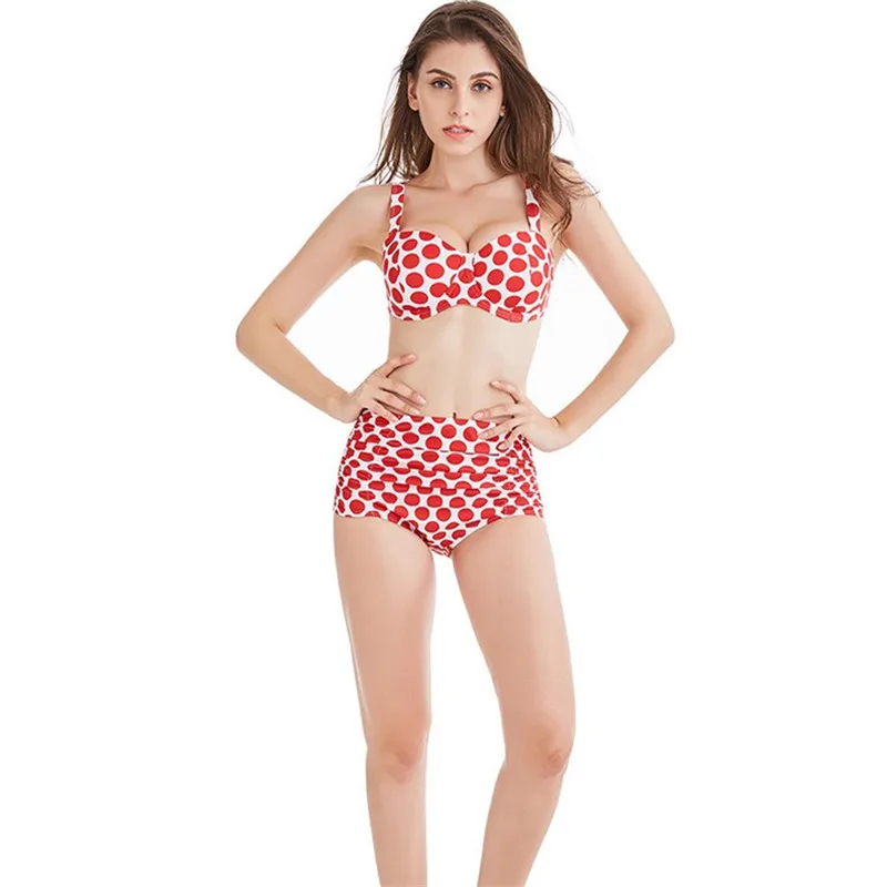 Женский винтажный пляжный бикини в горошек красный купальник с высокой талией и