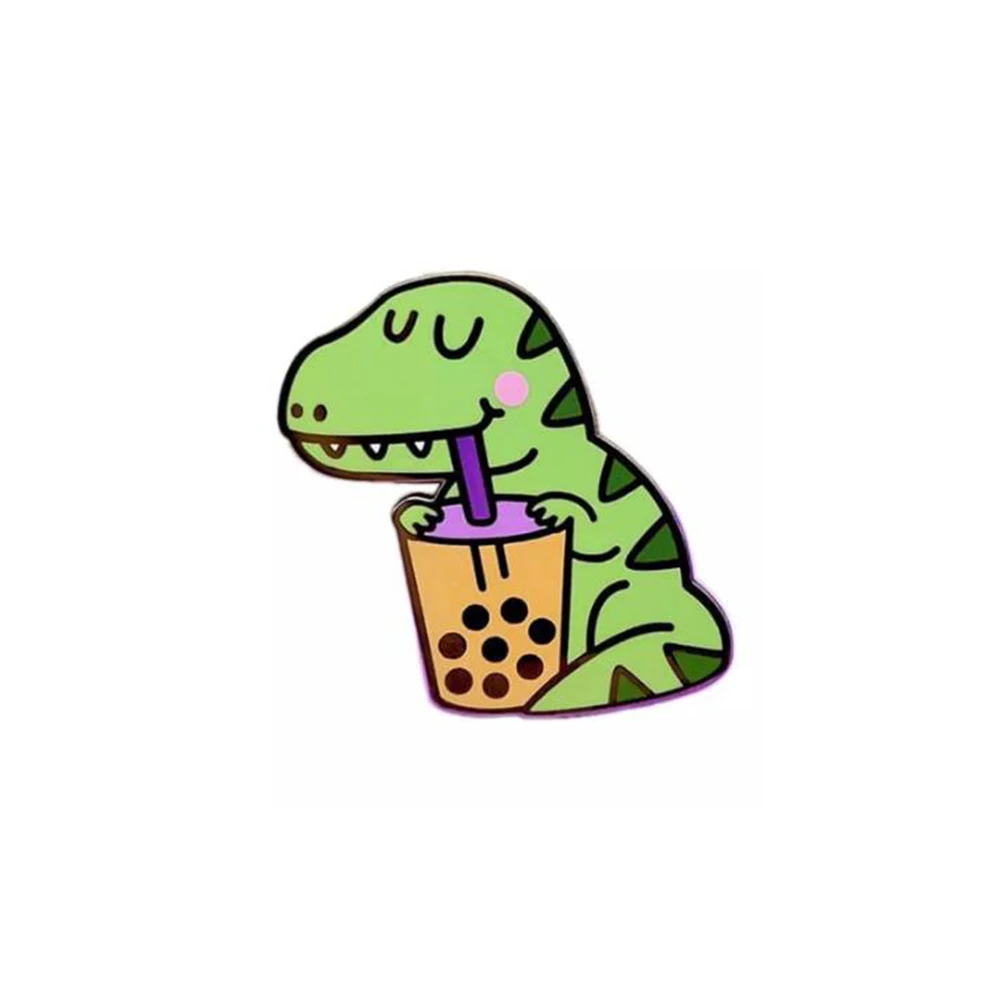 

Cute T-Rex Dinaours Drink Bubble Boba Tea Hard Enamel Pin Animal Brooch Fashion Badge Lapel Pin Backpack Decor Jewelry Gift 2021