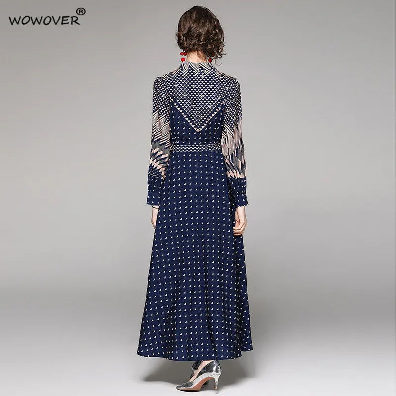 

Europe Fashion Spring Clothes Women Elegant Turn Down Collar Geometric Print Vintage Runway Long Dress Holiday Aline Vestidos