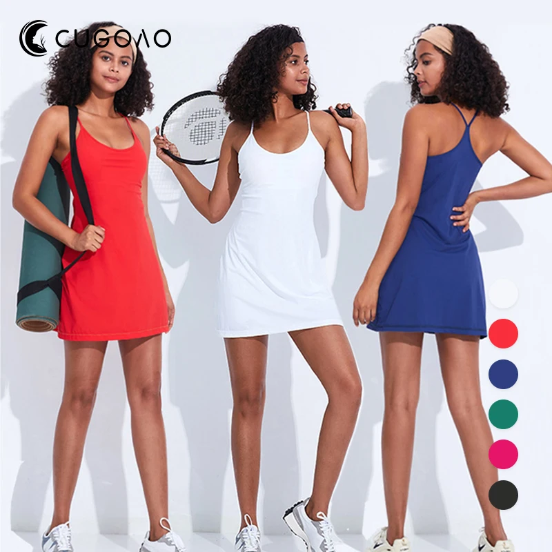 

CUGOAO Women Sport Dress Yoga Gym Y-shaped Strap Anti-exposure Sport Suit Jumpsuit Tracksuit Tennis Running Sportswear No Pant