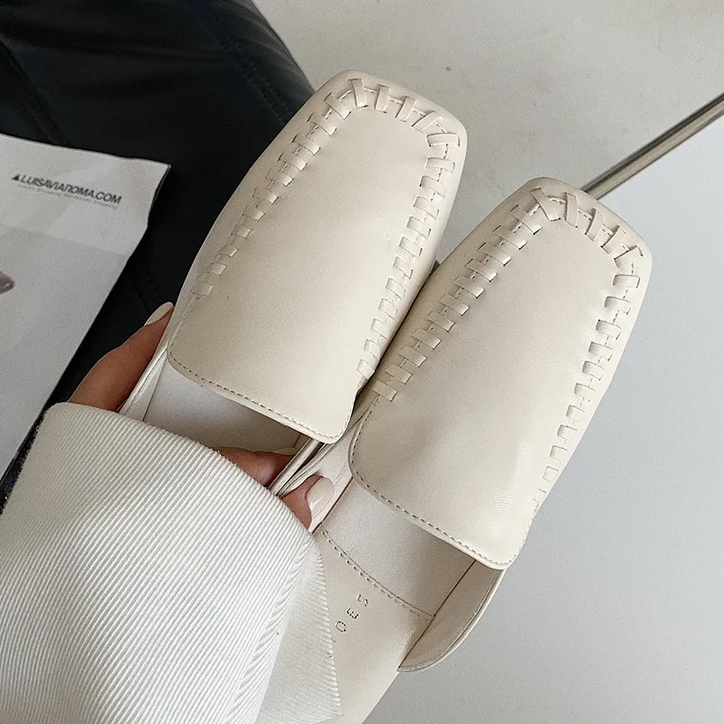 

Handmade Sewing Summer Slippers Women Mules Comfortable PU Low Heel Slip-on Holiday Ladies Slides Mules Female Women Casual Shoe