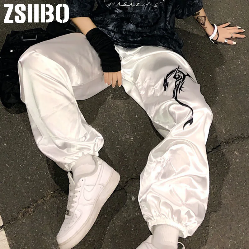 Женские брюки с принтом дракона белые спортивные штаны высокой талией и