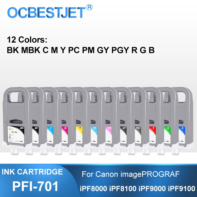 

PFI-701 700ML Compatible Ink Cartridge With Full Ink For Canon imagePROGRAF iPF8000 iPF8100 iPF9000 iPF9100 Printer 12Colors/Set