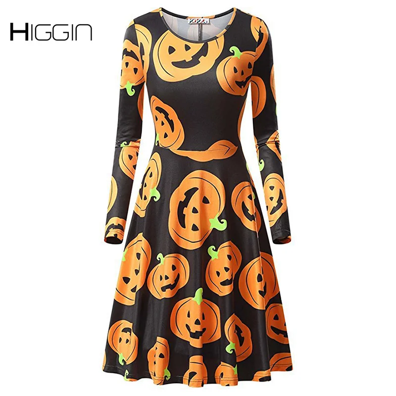 

Pumpkin Print Dress For Halloween Party Long Sleeve Big Swing Ladies Mid Dresses Fashion Casual Women Clothing 2021 Streetwear