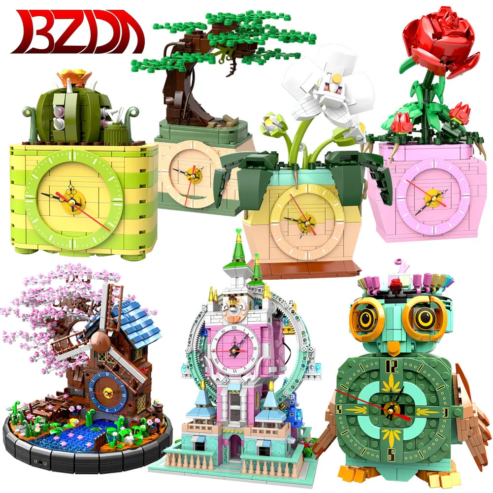 

BZDA City ideas Electronic Clock Series Windmill Sakura Rose Flowers Cactus Model Home Accessories Building Blocks For Kids Toys
