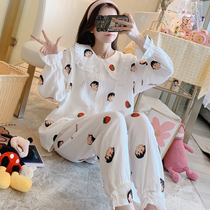 

Double layer wrinkle gauze confinement long-sleeved thin section pregnant women pajamas postpartum breastfeeding sweet suit