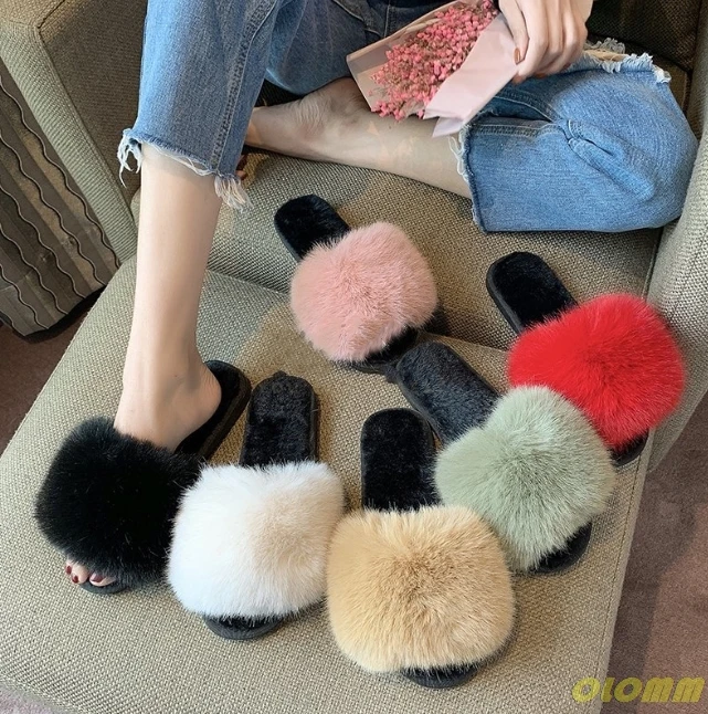 Женские разноцветные шлепанцы с искусственным лисьим мехом Модные пушистые