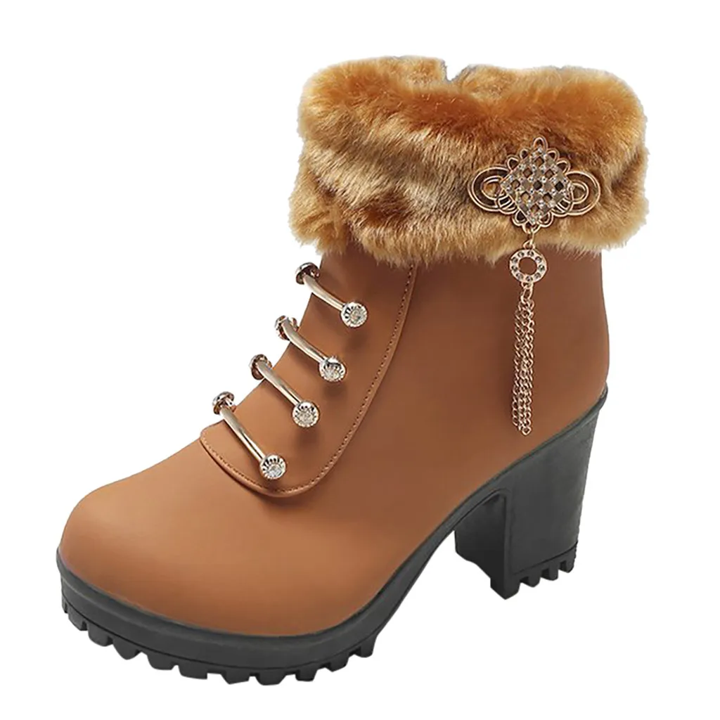 Модные теплые ботильоны на высоком каблуке однотонные коричневые ботинки молнии