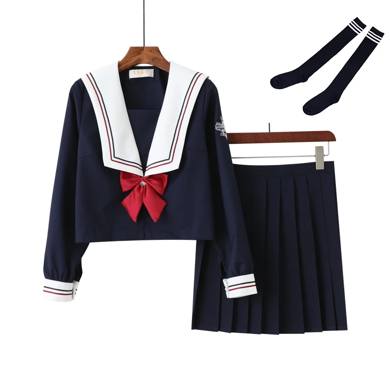 Long Set With Socks Uhyd S-XXL Зимняя школьная форма хор Униформа моряков синяя школьная девушка аниме костюмы топ юбка и кардиган - Цвет: Long Set With Socks