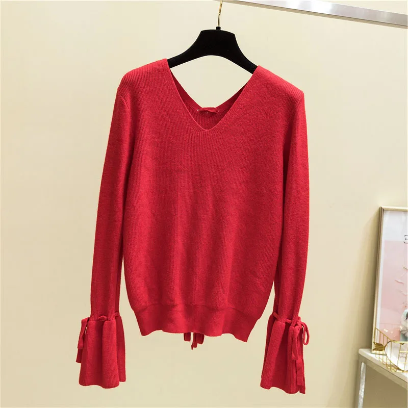 

2021 Women Sweater Korean Spring Autumn V Neck Lantern Sleeve Solid pullovers Casual Long Sleeve Lace Up Sweater Women