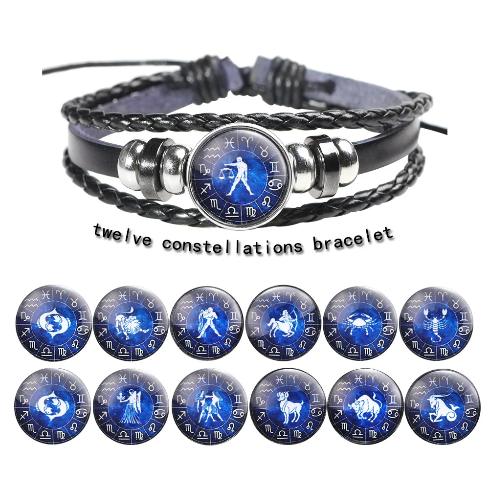 

New FashionDIY Jewelry Creative Twelve Constellations Bracelet Woven Leather Glass Button Jewelry Wholesale