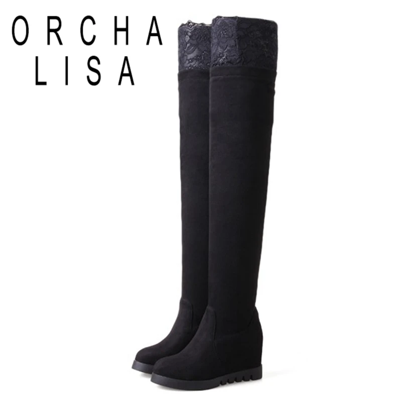 

ORCHA LISA 2021 Sexy Over The Knee Boots Flock Slip On Lace Platforms 7CM Internal Increase Thick Sole Heel US11 12 Black A4477