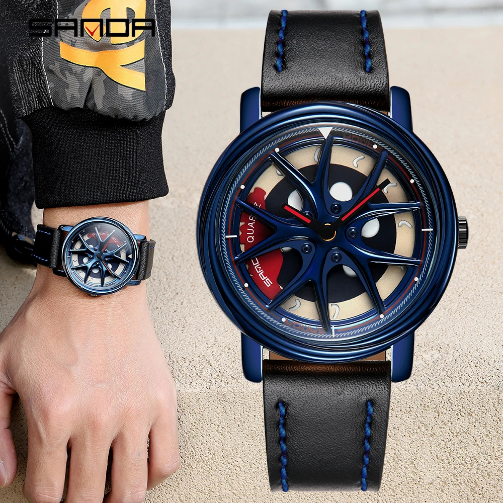 

Men Watch Car Wheel Rim Hub Dial Male Wristwatch Turntable Man Black Waterproof Watches Leather Steel Quartz Relogio Masculino