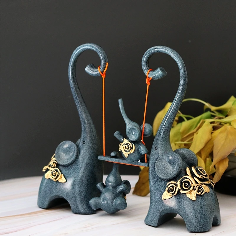 

RESIN ABSTRACT ELEPHANT FAMILY STATUE SWING ELEPHANT SCULPTURE ADORNMENT HOME DECOR BIRTHDAY HANDMADE CARVING AND PAINTED LOVE